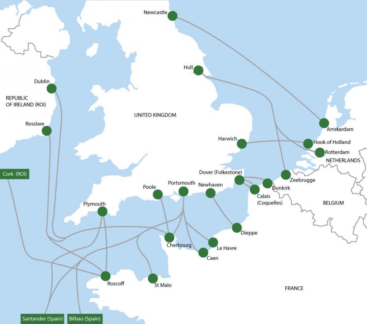 mapa de rotas de ferry para a Holanda